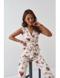 Checkered jumpsuit with envelope neckline, light beige 70001 - Online store - Boutique